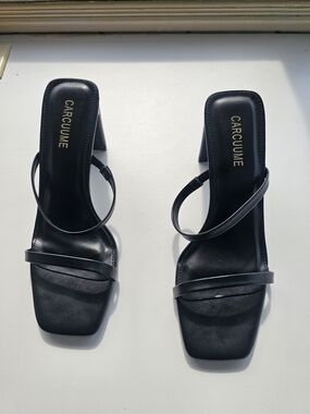Carcuume Women's Square Toe Two Strap Open Toe Block Heels Sandals Slip On Shoes